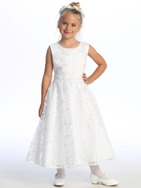 Girls Embroidered Tulle Pearl Neckline Waist Trim Communion Dress 6-12
